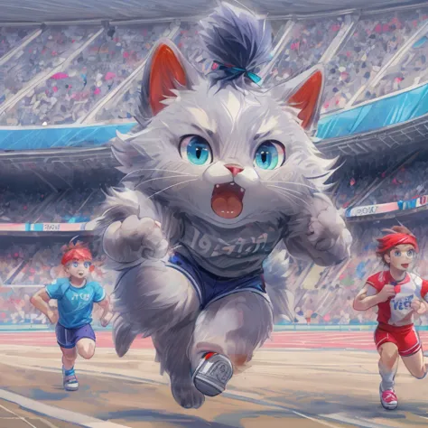 cute, fun, absurd, Olympic, an athlete cat (9 score) gray fur, blue eyes, athletic, red headband, blue sports t-shirt, purple sh...