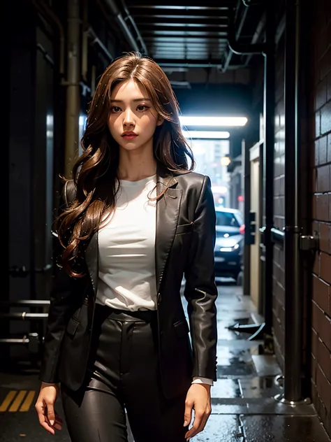 a beautiful woman with tan skin, long curly brown hair, wearing a dark suit pants, black blazer over a white shirt, in an urban ...