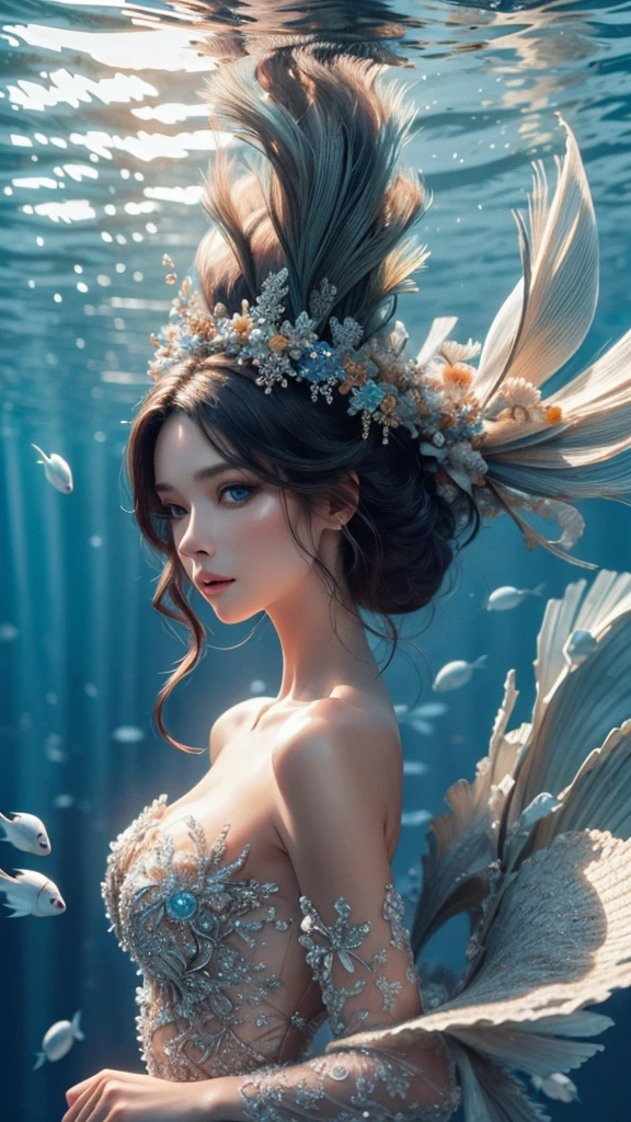 Beautiful black-haired woman with blue eyes, elegant and refined, fish, under sea,Highly detailed face, Detailed eyes, beautiful long eyelashes, complicated details, Award-winning digital art, movie light, Amazing color, realistic, 8K, Masterpiece