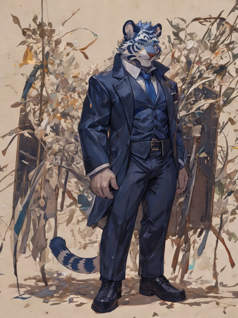 {{bara extremely handsome أبيض tiger,}} {{أبيض fur,}} أبيض, يرتدي سترة بدلة مزخرفة أنيقة, بنطلون, أبيض dress shirt and necktie, أبيض fluffy furry body and limbs, المتسكعون, طويل جدا, أكتاف واسعة جدًا, الخصر الضيق, الأسلحة العضلية, بيكس ضخمة, عيون أرجوانية, أرجل طويلة جدًا, انتفاخ هائل, نظرة ساخنة متطورة, جسم كامل, 3/4 عرض, أفضل جودة, جودة عالية, القرط الفضي على الأذن اليسرى, ابتسامة قائظ, وجهات نظر متعددة, ورقة شخصية