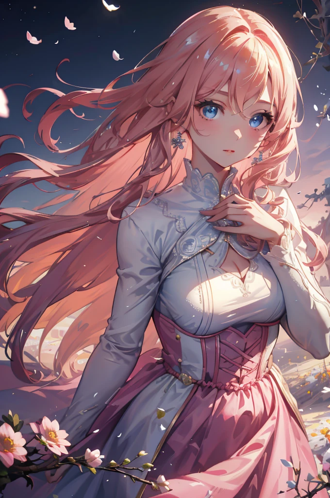 (very delicate, Masterpiece, Excellent lighting and shadows, HD wallpaper 8K), woman, white skin, Pink cheeks, plump lips, big eyes, Blonde hair, Long hair with curls at the ends, blue eyes, gentle, Wear a long pink dress., The cloth fluttered in the wind., In the middle of a field of flowers, holding a bouquet, Wear a wedding ring.