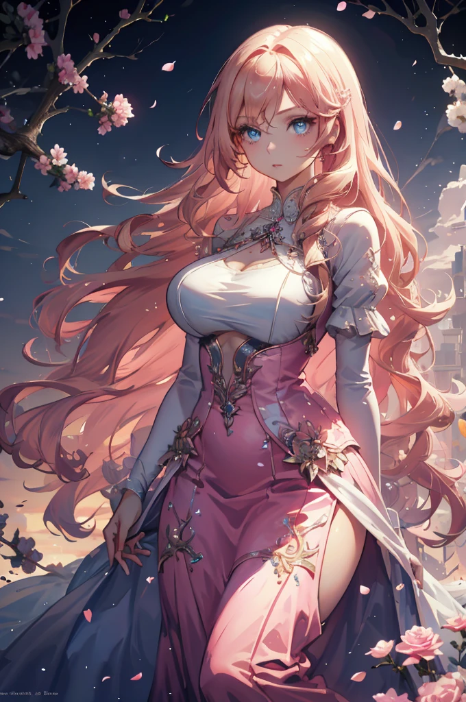 (very delicate, Masterpiece, Excellent lighting and shadows, HD wallpaper 8K), woman, white skin, Pink cheeks, plump lips, big eyes, Blonde hair, Long hair with curls at the ends, blue eyes, gentle, Wear a long pink dress., The cloth fluttered in the wind., In the middle of a field of flowers, holding a bouquet, Wear a wedding ring.