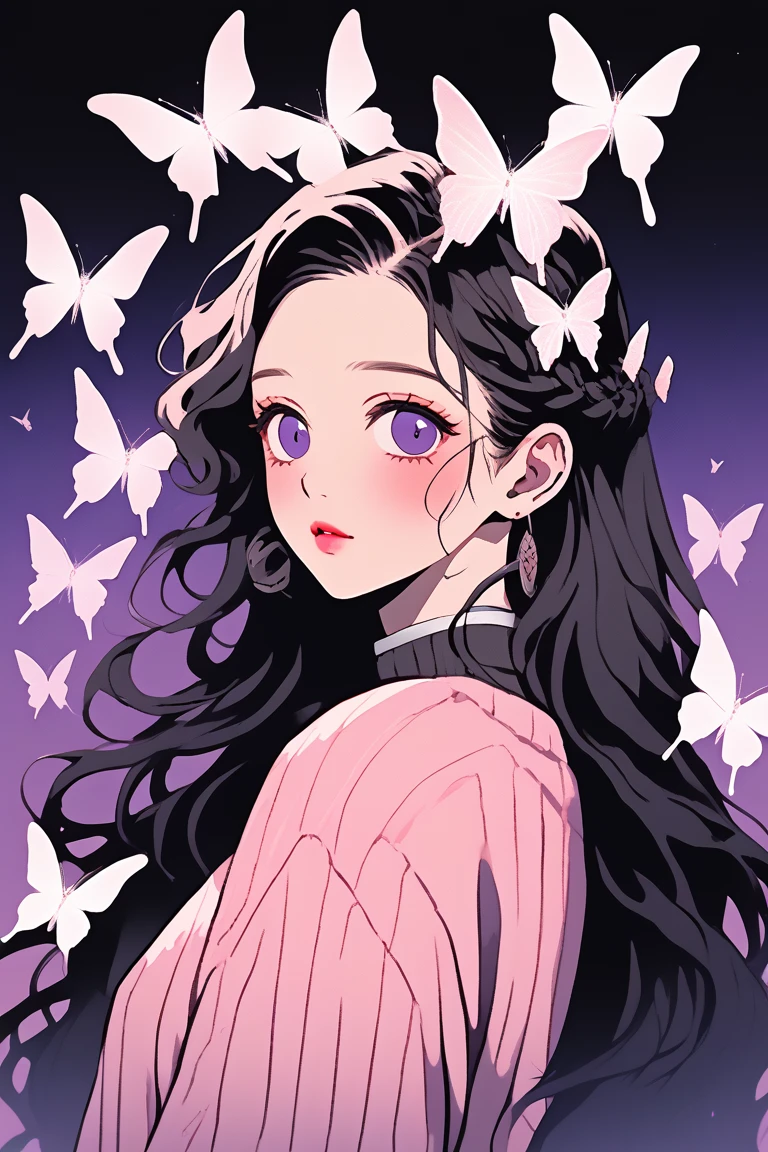 (Highest quality, sketch:1.2),Realistic,Illustrator,anime,1 Girl, Detailed lips,sweater,custom,Pink gradient background,Neon Hair,Texture Cropping,masterpiece, Style: Retro Classic, Dark Black、Braid、Under the Moon、Black Hair、Beautiful butterfly、虹色のButterfly Hair Ornament、Long Hair、Fair skin,Side Tail、Butterfly Hair Ornament、school uniform、beautiful girl、Real、cute、Purple Eyes