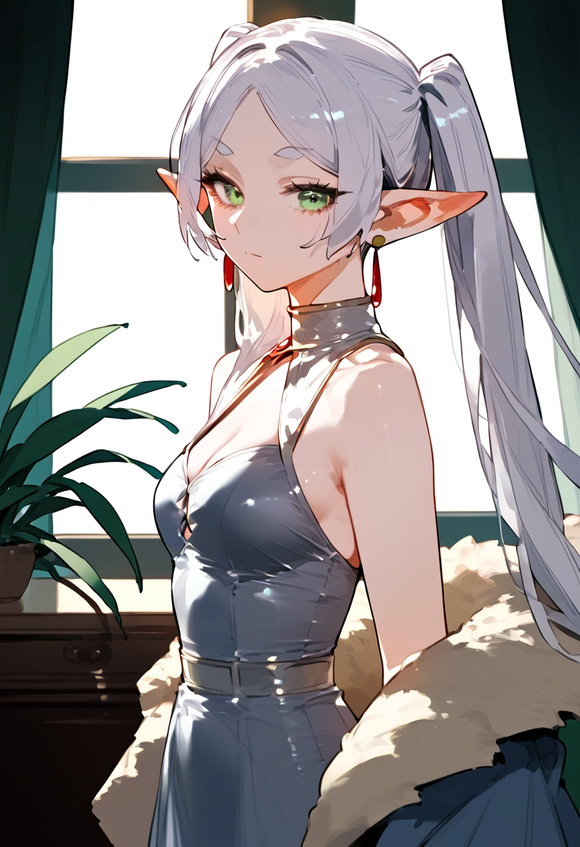 anime artwork, score_9, score_8_up, score_7_up, score_6_up, score_5_up, score_4_up,frieren, 1girl, green eyes, grey hair, twintails, pointy ears, eyebrows, earrings \\\\\\ \\\\\ ,
