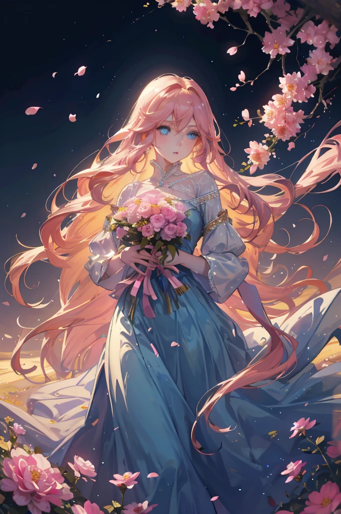 (very delicate, Masterpiece, Excellent lighting and shadows, HD wallpaper 8K), woman, white skin, plump lips, Big eyes, golden hair, Long hair with curls at the ends, blue eyes, gentle, pink long dress., The cloth was blown away by the wind.., In the middle of a field of flowers, holding a bouquet, 