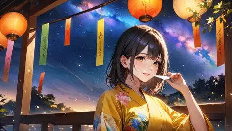 tanabata,night, milky way,yukata, hold a paper strip in one hand,looking at the sky,blur the background,high school girl,smile,g...