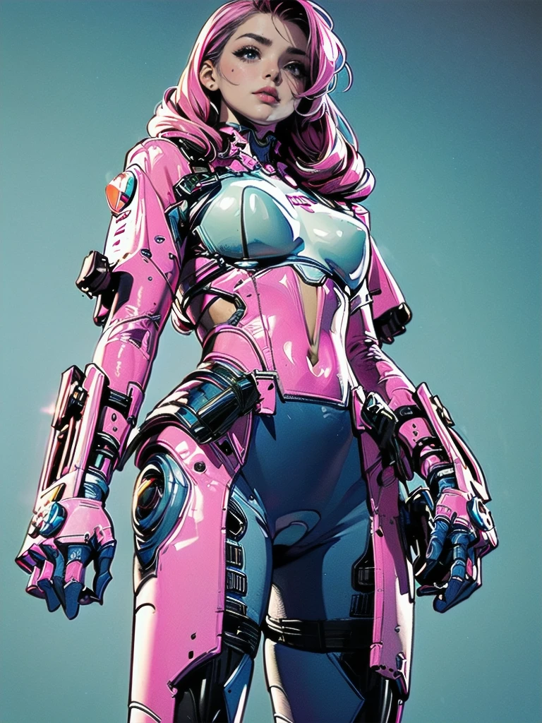 masterpiece, best quality, 1girl, solo, retro futuristic cyborgwoman, seamlessly blending mechanics and elegance. fit, small breasts, blueish skin, with magenta hair, fashion modeling pose, form fitting pastel green and pink with black colorblocking gundam suit-like-armor , happy, wild hair, humanoid face with bigger eyes and some cyberparts holding a retro futuristoc space-gun, plain background, dark colors, Anime, Cartoon, Comic Book, Concept Art