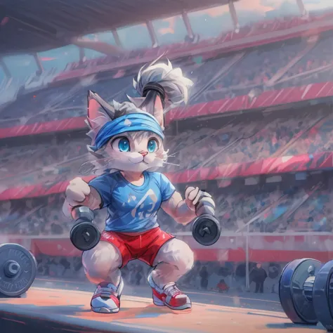 cute, fun, absurd, Olympic, a muscular athlete cat (9 score) gray fur, blue eyes, athletic, blue headband, red sports t-shirt, p...