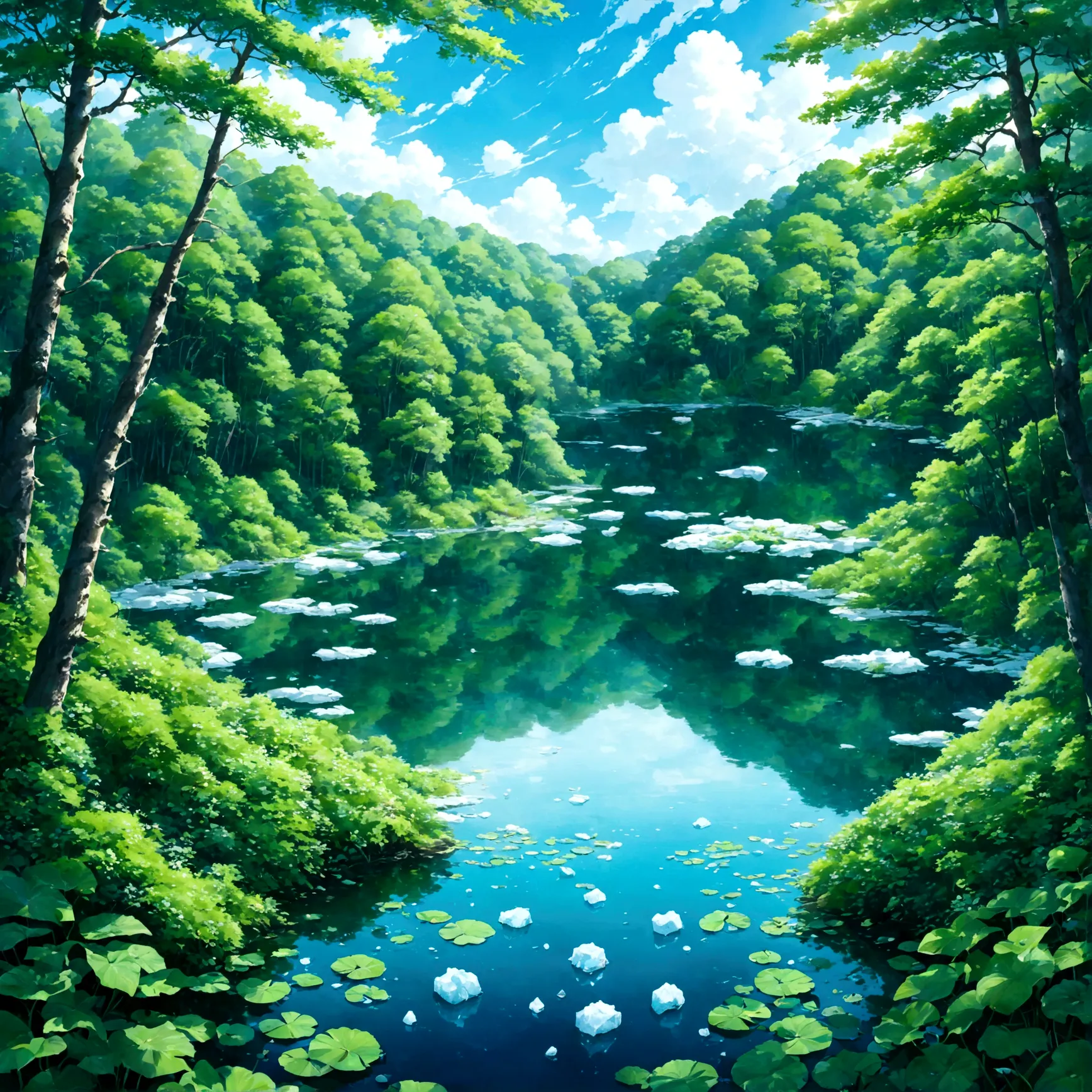 深いforestに囲まれた、静かでmysteriousな青いlake。lake面for、まだ溶け残ったiceが静かに浮かび、It gives off a cool breeze.。lake畔の木々for、Fresh greeneryの葉が芽吹き、Feel ...