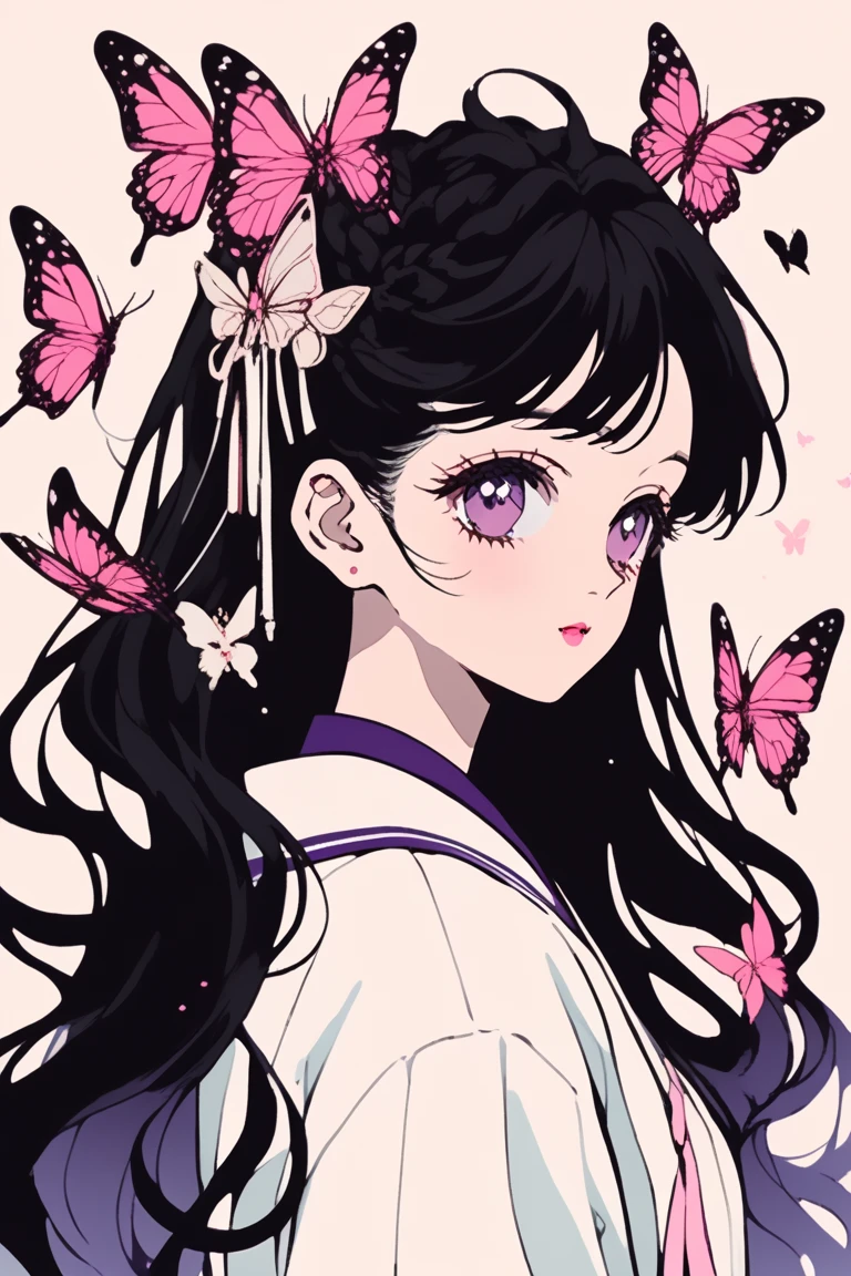 (Highest quality, sketch:1.2),Realistic,Illustrator,anime,1 Girl, Detailed lips,sweater,custom,Pink gradient background,Neon Hair,Texture Cropping,masterpiece, Style: Retro Classic, Dark Black、Braid、Under the Moon、Black Hair、Beautiful butterfly、虹色のButterfly Hair Ornament、Long Hair、Fair skin,一つ結びでSide Tail、Butterfly Hair Ornament、school uniform、beautiful girl、Real、cute、Purple Eyes、Side Tail