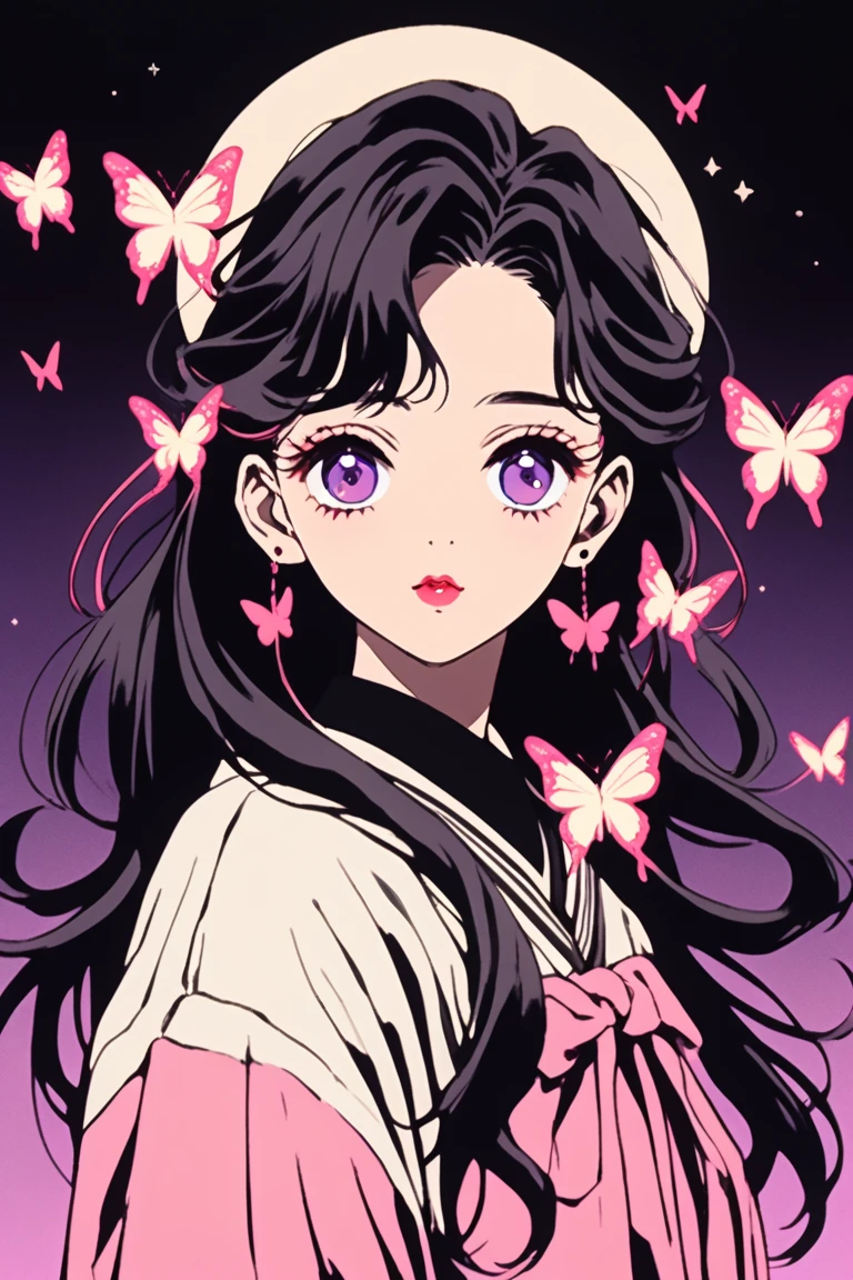 (Highest quality, sketch:1.2),Realistic,Illustrator,anime,1 Girl, Detailed lips,sweater,custom,Pink gradient background,Neon Hair,Texture Cropping,masterpiece, Style: Retro Classic, Dark Black、Braid、Under the Moon、Black Hair、Beautiful butterfly、虹色のButterfly Hair Ornament、Long Hair、Fair skin,一つ結びでSide Tail、Butterfly Hair Ornament、school uniform、beautiful girl、Real、cute、Purple Eyes、Side Tail