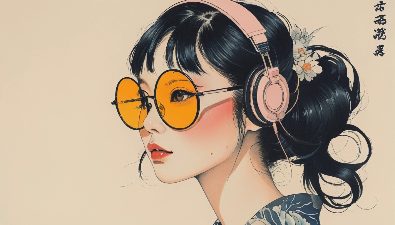 (((la plus haute qualité))), peinture à l&#39;encre, (((1 fille))), (((Tatouage))), (((Lunettes de soleil de couleur claire))), Japonese style headphones, Japon刀, Belle fille, cheveux noirs, Délicat et précis, style Ukiyo-e moderne, Japon