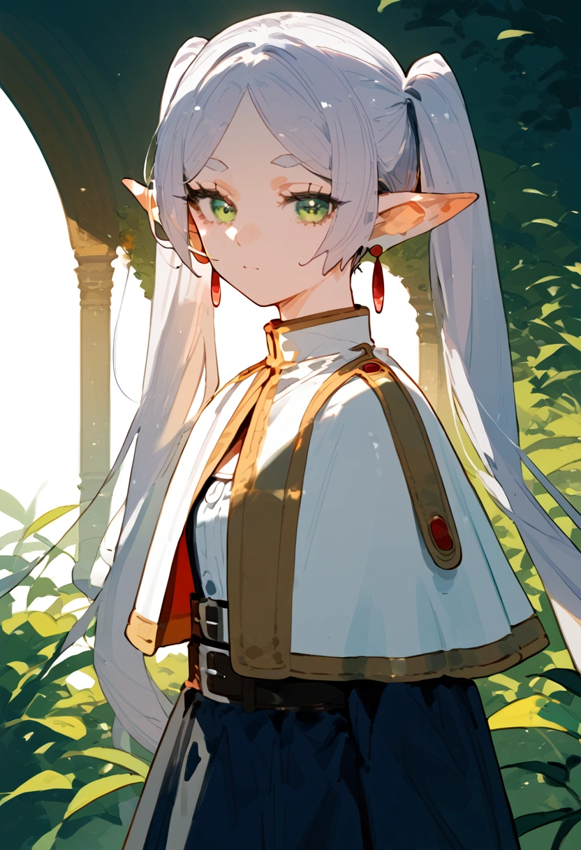 anime artwork, score_9, score_8_up, score_7_up, score_6_up, score_5_up, score_4_up,frieren, 1girl, green eyes, grey hair, twintails, pointy ears, eyebrows, earrings \\\\\\ \\\\\ ,capelet, panorama
