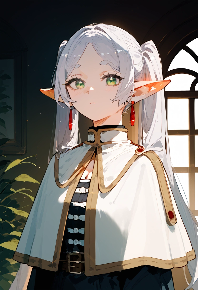 anime artwork, score_9, score_8_up, score_7_up, score_6_up, score_5_up, score_4_up,frieren, 1girl, green eyes, grey hair, twintails, pointy ears, eyebrows, earrings \\\\\\ \\\\\ ,capelet, panorama
