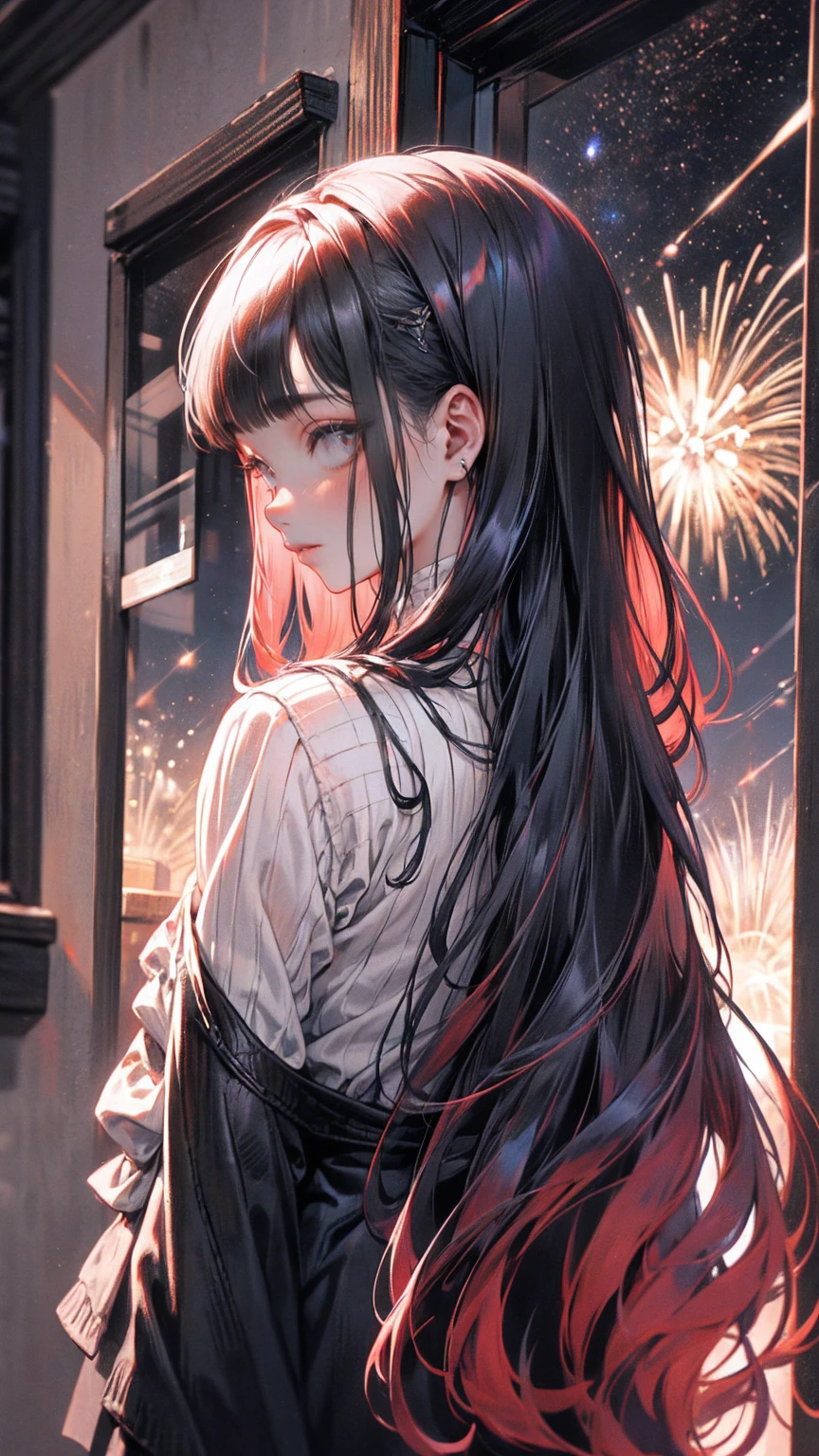 1 man, tall muscular guy, male, delicate face, A joyful individual with disheveled long dark hair and swept-back bangs, donning a stylish grey turltle-neck and thin cardigan, positioned next to a window overlooking a mesmerizing night sky filled with twinkling stars and vibrant bursts of fireworks.ulnerability, staring into the distance, the vista, Monochrome grayscale, view from the back, delicated smile