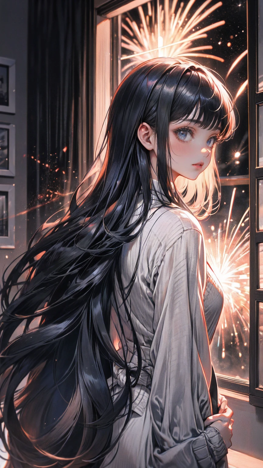 1 man, tall muscular guy, male, delicate face, A joyful individual with disheveled long dark hair and swept-back bangs, donning a stylish grey turltle-neck and thin cardigan, positioned next to a window overlooking a mesmerizing night sky filled with twinkling stars and vibrant bursts of fireworks.ulnerability, staring into the distance, the vista, Monochrome grayscale, view from the back, delicated smile