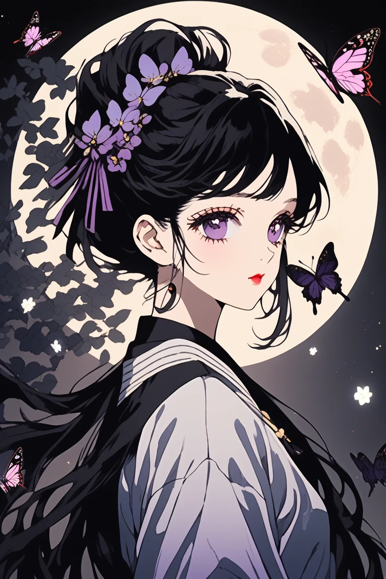 (Highest quality, sketch:1.2),Realistic,Illustrator,anime,1 Girl, Detailed lips,sweater,custom,,Neon Hair,Texture Cropping,masterpiece, Style: Retro Classic, Dark Black、Under the Moon、Black Hair、Beautiful butterfly、虹色のButterfly Hair Ornament、、Fair skin,一つ結びでSide Tail、Butterfly Hair Ornament、school uniform、beautiful girl、Real、cute、Purple Eyes、Side Tail