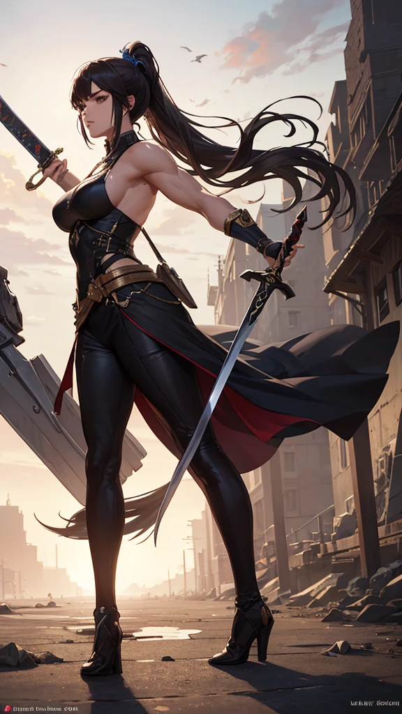 (masterpiece, 4K ,Super detailed:1.2), (anime:1), (Perfect quality), The whole body is shown, View Viewer, Holding a sword, ponytail, Muscular and ultra violent women, Powerfully々And, epic female swordsman, RPG concept art character