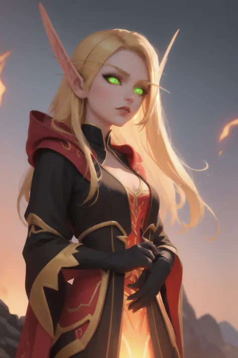 upper body focus, extremely detailed, bldelf, beautiful blood elf mage, glowing green eyes, colored sclera, pointy ears, golden ...