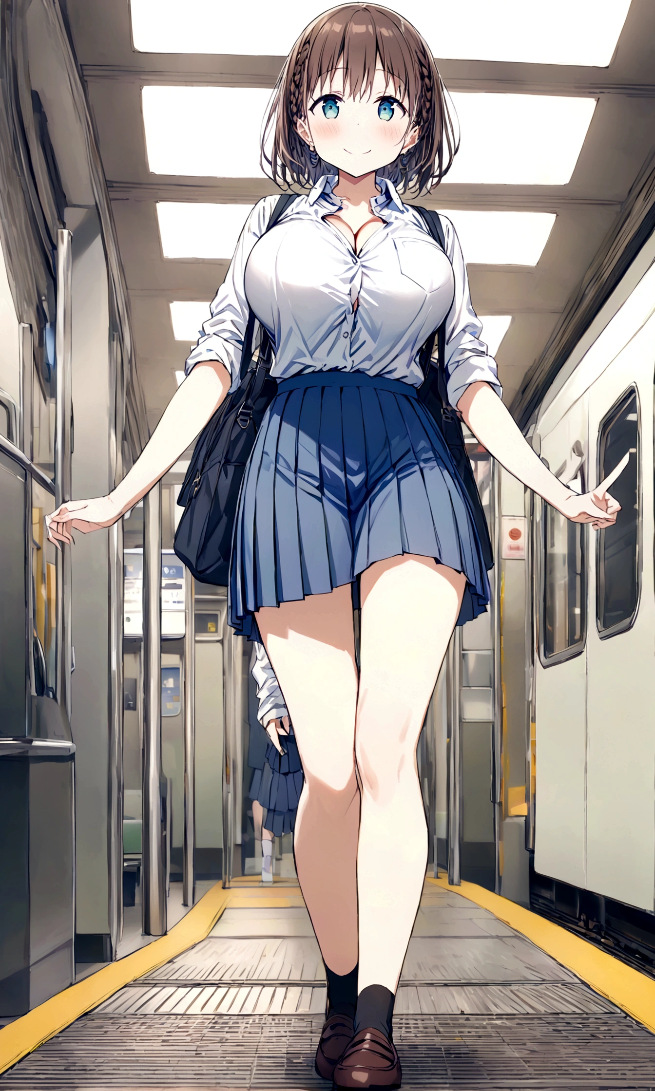 Tawawa on Monday,Ai-chan,Big Breasts,cleavage cutout,high school girl,source_アニメ, 1girl, solo,whole body,brown hair, cyan eyes, braid, white shirt, collared shirt, pleated skirt, blue skirt,shoot from below,blush smile,station,hentai,finely detailed beautiful face,high quality,アニメ,beautiful,High resolution,アニメ color,{{{{8K_wallpaper}}}},{{{masterpiece}}},{{{{extremely detailed eyes}}}},{{{{extremely detailed body}}}},{{{{extremely detailed finger}}}}