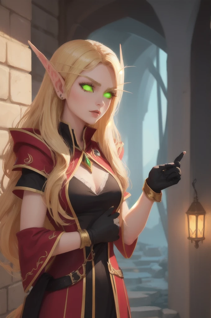 upper body focus, extremely detailed, bldelf, beautiful blood elf mage, glowing green eyes, colored sclera, pointy ears, golden blonde hair, very long hair, wearing red gold and black stylish mage robe, modestly clothed, stylish black gloves, facing the camera