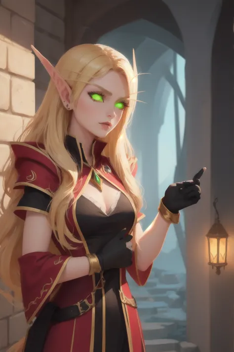 upper body focus, extremely detailed, bldelf, beautiful blood elf mage, glowing green eyes, colored sclera, pointy ears, golden ...