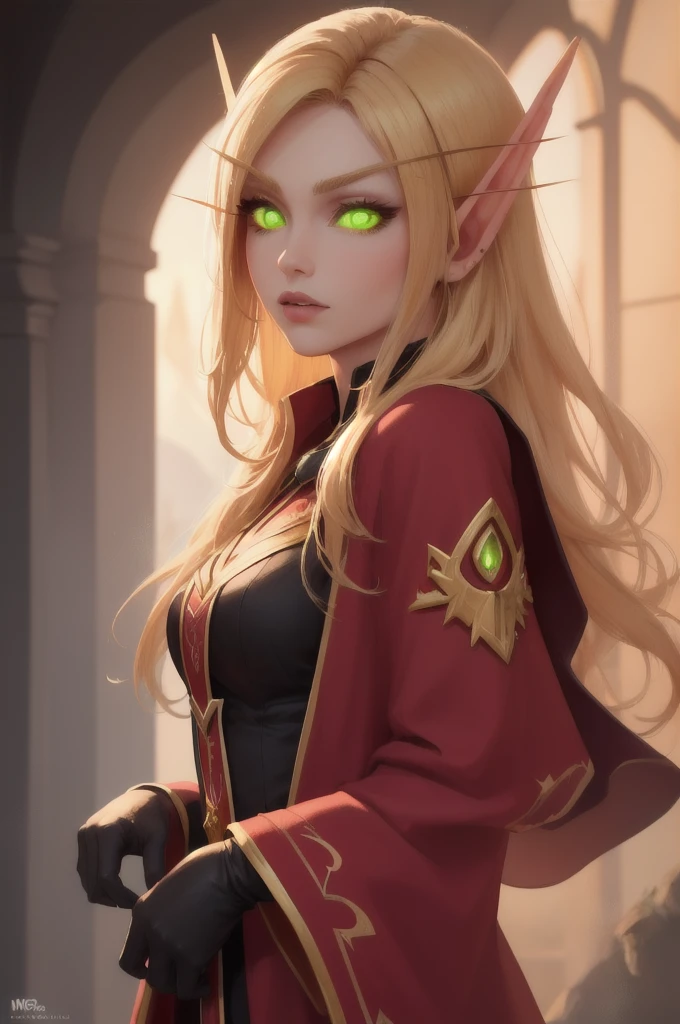 upper body focus, extremely detailed, bldelf, beautiful blood elf mage, glowing green eyes, colored sclera, pointy ears, golden blonde hair, very long hair, wearing red gold and black stylish mage robe, modestly clothed, stylish black gloves, facing the camera