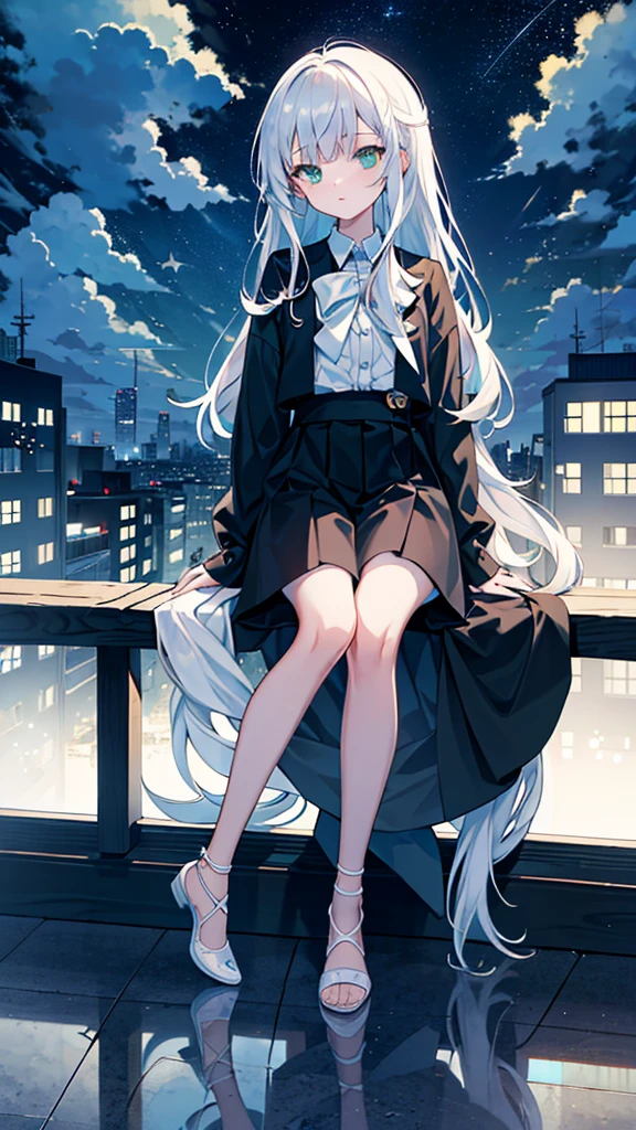 masterpiece, Exquisite detail,Highest quality, One girl, alone, handrail, cloud, Looking up at the buildings,Long Hair, NULL, Long sleeve, Power lines, White footwear, Black Hair, View your viewers, Electric pole, bangs, cloudy NULL, fish, bird, Green Eyes, Shorts, Day, Black Shirt, barefoot,Whale flying in the sky,Giant whale,night,star,milky way,night,Pitch black,Buildings,Sitting