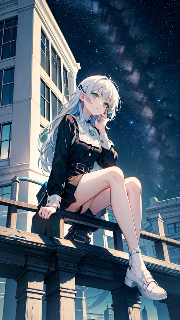 masterpiece, Exquisite detail,Highest quality, One girl, alone, handrail, cloud, Looking up at the buildings,Long Hair, NULL, Long sleeve, Power lines, White footwear, Black Hair, View your viewers, Electric pole, bangs, cloudy NULL, fish, bird, Green Eyes, Shorts, Day, Black Shirt, barefoot,Whale flying in the sky,Giant whale,night,star,milky way,night,Pitch black,Buildings,Sitting