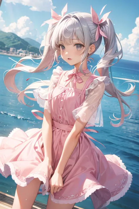 girl　long long silver twintails　Cute detailed face　Pink Short dress with big ribbon　 in summer  Skirts that flip in the wind　on ...