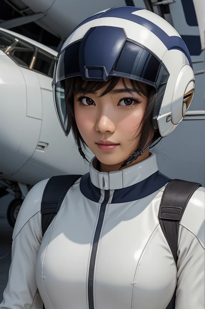 best quality, 8k, very delicate and beautiful, highly detailed face and skin texture, shiny skin, high resolution, beautiful asian girl in eff pilot suit at aircraft hangar, sharp focus
