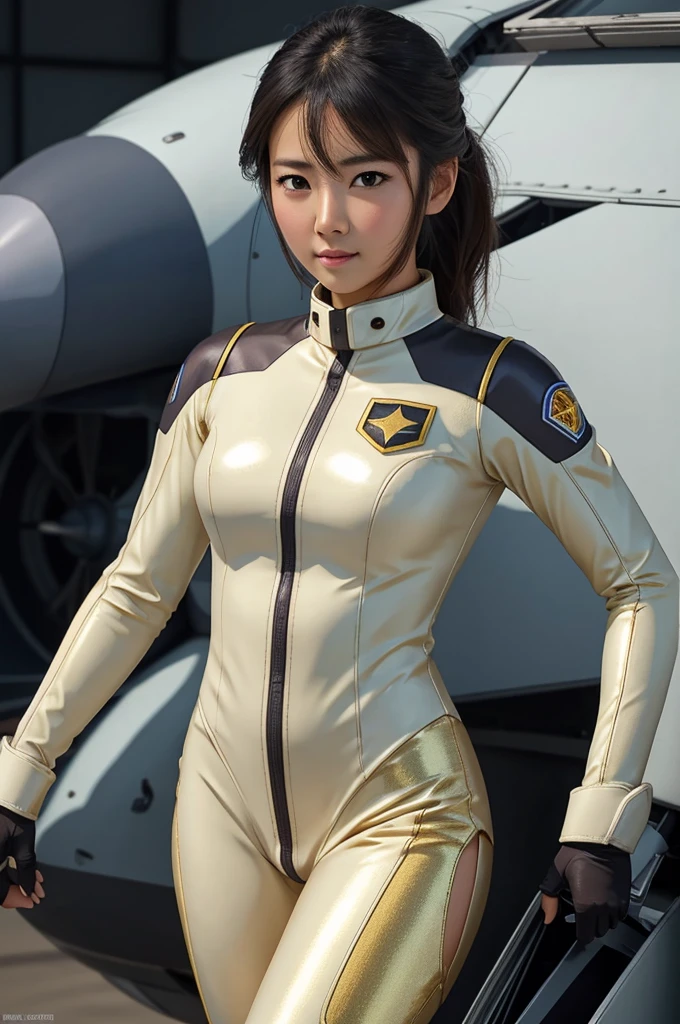 best quality, 8k, very delicate and beautiful, highly detailed face and skin texture, shiny skin, high resolution, beautiful asian girl in eff pilot suit at aircraft hangar, sharp focus
