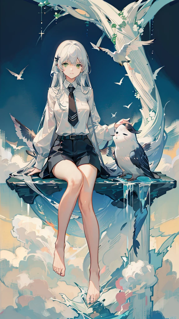 masterpiece, Exquisite detail,Highest quality, One girl, alone, handrail, cloud, Looking up at the buildings,Long Hair, NULL, Long sleeve, Power lines, White footwear, Black Hair, View your viewers, Electric pole, bangs, cloudy NULL, fish, bird, Green Eyes, Shorts, Day, Black Shirt, barefoot,Whale flying in the sky,Giant whale,night,star,milky way,night,Pitch black,Buildings,Sitting