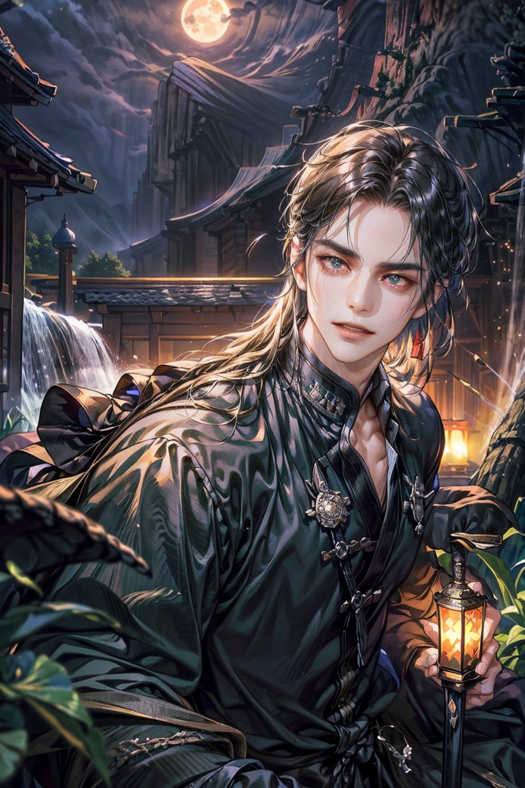 (Best quality,A high resolution,The image is clear:1.2),Ultra detailed backgrounds,A man in black holding a sword，ssmile，the only person，wind blowing through，Garden scene,under moonlight,waterfall man，Romantic atmosphere,Dutch Angle Shot,gentlesoftlighting,Hats，Upper part of the body，Chinese style buildings，samurai pose，Normal hands，