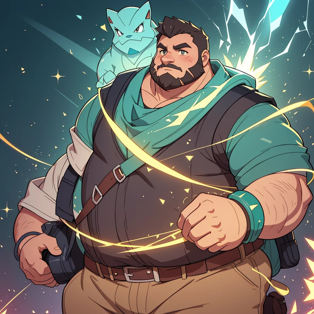 walking, chubby and stocky male human, barba, ((polygon, baja poli, Retro)), elegant, Beautiful face, glow, pokemon trainer costume, adventure, Field, role playing game, Fancy, dynamic, schoolbag, bulk, bracelet, glove, light particles, sparks