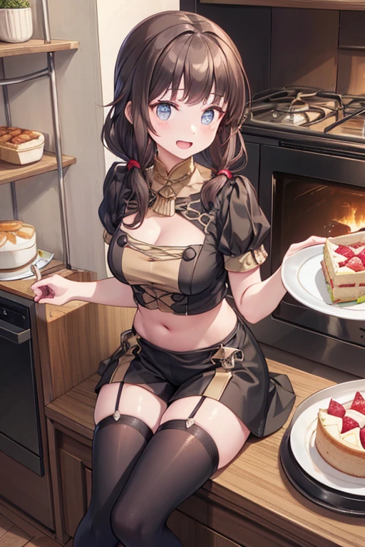 (dynamic angle:1.3, front view:1.1, breast focus:1.3, from above:1.1), (dynamic posing:1.2, sexy posing:1.2), (seductive smiling:1.3), ((looking at cake,Taking a cake out of the golden oven, worried about the outcome:1.2)),highest quality、(real、photorealistic:1.4),(ultra high resolution, 8K RAW photo, clear focus), best qualtiy, natural lighting, field depth, (Bright pupils, detailed beautiful eyes, high detailed face), Red lip, (tight focus:1.2), a girl 22yo old, Wearing a pastry chef uniform:1.3 , Thicc, thin breast, long hair, blue eyes,garter stocking, cleavage:1.2, midriff, black shorts, black thighhighs, thigh strap, pretty girl, (highly detailed beautiful face and eyes,firm breasts),real skin,((black,hair,long pony tail hair)),thin pubic hair,cute,lovely, detailed eyes,(double breasted:1.0,under bust:1.0),(with sparkling eyes and a contagious smile),open mouth, Looking at Viewer,A scene of cooking in the kitchen,looking at the golden oven
