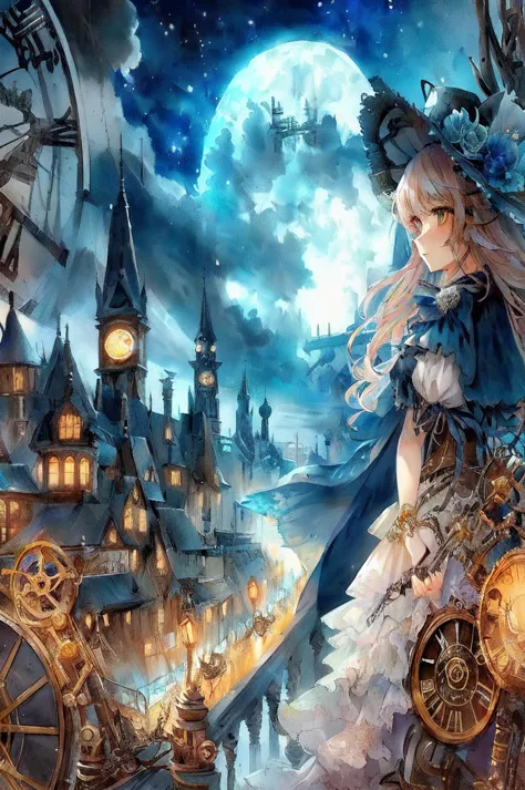 anime girl in a hat and dress standing in front of a clock tower, anime fantasy artwork, anime fantasy illustration, mechanized ...