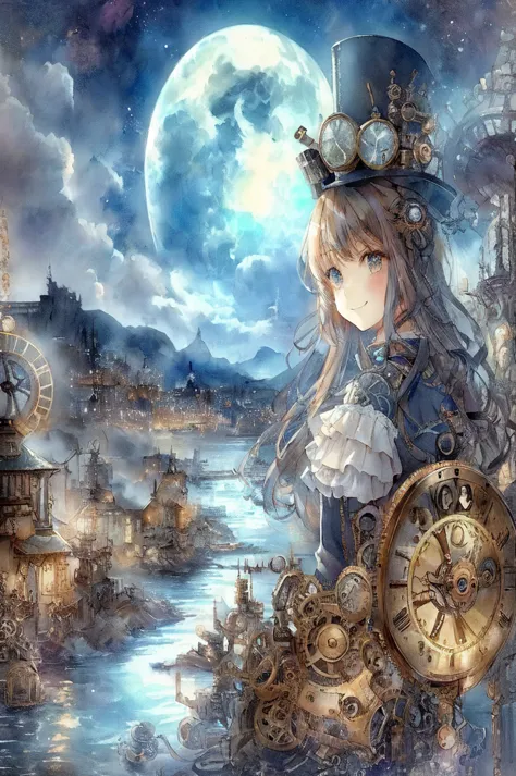 anime smiling girl with steam clock and clockwork in the sky, steampunk beautiful anime woman, high quality steampunk art, detai...