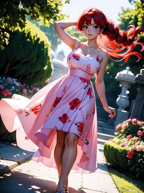 Redhead anime girl in long pink dress with drawing of roses wedding, overskirt, 16 yrs old, Body cute, breasts big, with hands b...