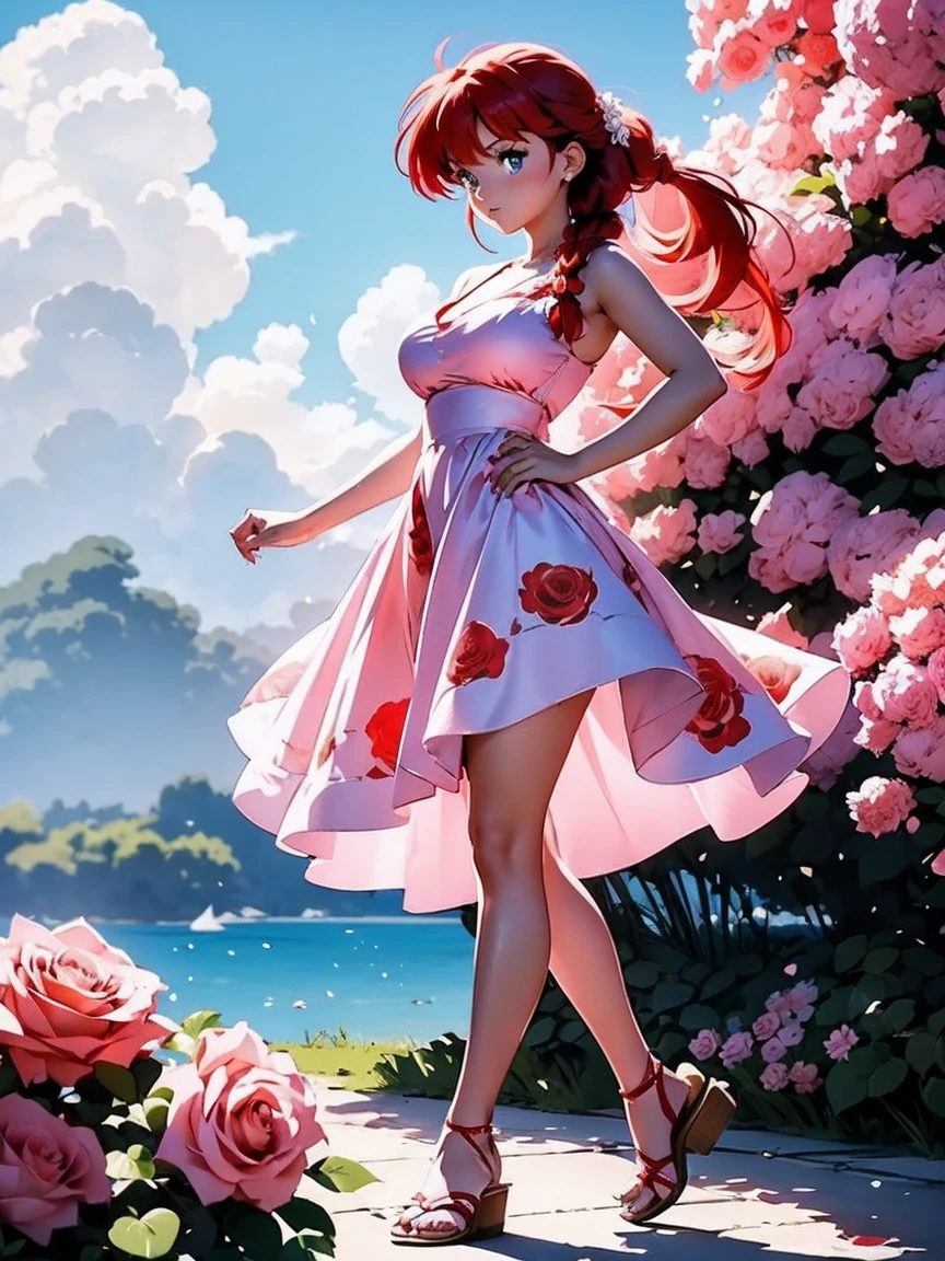 Redhead anime girl in long pink dress with drawing of roses wedding, overskirt, 16 yrs old, Body cute, breasts big, with hands behind head, running your hands through your hair, sexy girl, red hair with braid , beautiful lighting, softshadows, blue colored eyes, pretty legs, hair with braid, anime styling, ranma chan, Autora Rumiko Takahashi, Based on a work by Rumiko Takahashi, Anime Ranma 1/ 2, decote sexy, robust hip, fully body, fully body, Bust Big, young girl with beautiful and beautiful body, sandals on his feet, garota 16 yrs old jovem baixa estatura, wearing a long pink dress with rose designs, floral print, dress with flower art of roses, anime girl, anime styling, beautiful feet in sandals, 210° viewing angle, plein-air, vestido com floral print rosas, pink flower print dress, fully body, complete body