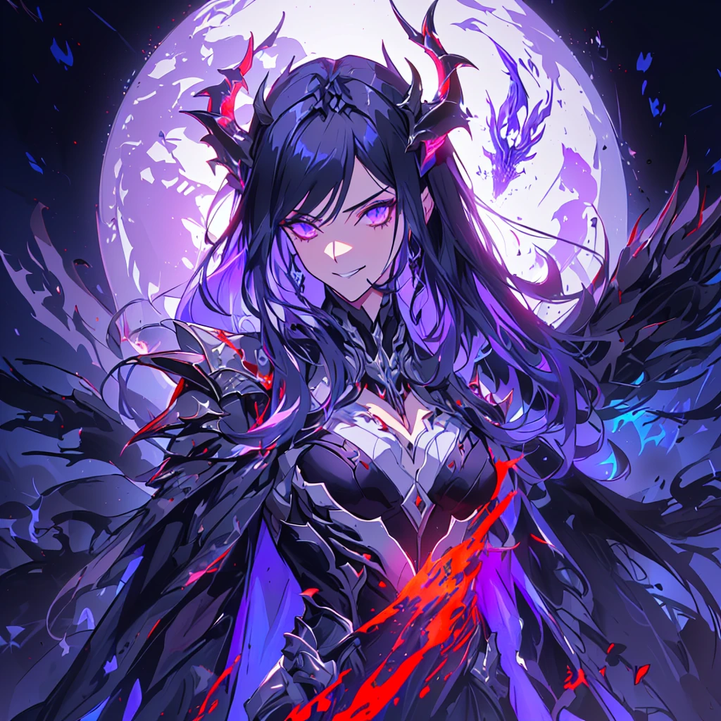 anime character with a purple and black wings and a purple and black dragon, purple ancient antler deity, warframe hound, fit girl demon with white horns, demon soul concept art, detailed warframe, lolth, female djinn demon hybrid, warframe infested art, nightmare render, warframe hound art, king of time reaper, illithid, (human, 1girl, solo, upper body shot, side shot, from the side:1.33), dynamic pose, expressive, (arrogance:1.5), snarl, (multi colour hair, black hair, red hair:1.12), head tilt, grin, crazy eyes, (covered chest, fully armored, flat chest, evil:1.2), long hair, torn cape, (black ice, floating hair, gloom:1.44)