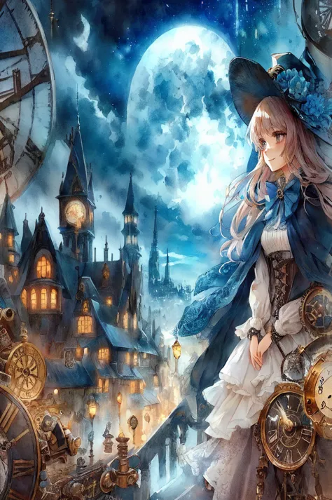 anime smiling girl in a hat and dress standing in front of a clock tower, anime fantasy artwork, anime fantasy illustration, mec...