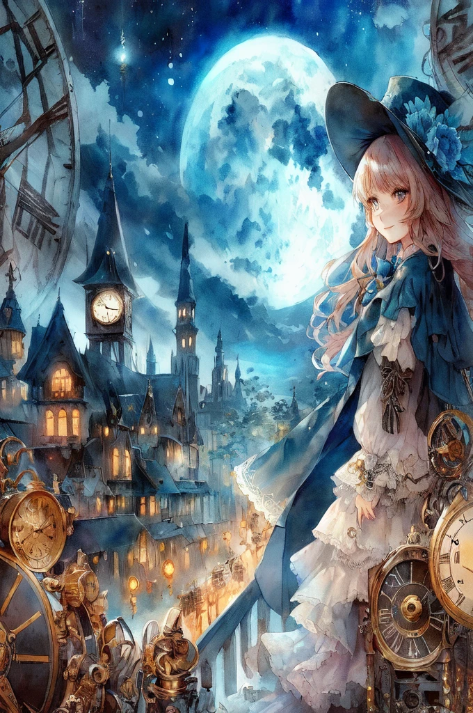 anime smiling girl in a hat and dress standing in front of a clock tower, anime fantasy artwork, anime fantasy illustration, mechanized witch girl, steampunk beautiful anime woman, detailed key anime art, beautiful fantasy anime, hd anime wallaper, dreampunk romanticism artwork, anime art wallpaper 4k, anime art wallpaper 4 k, intricate ornate anime cgi style, detailed steampunk illustration