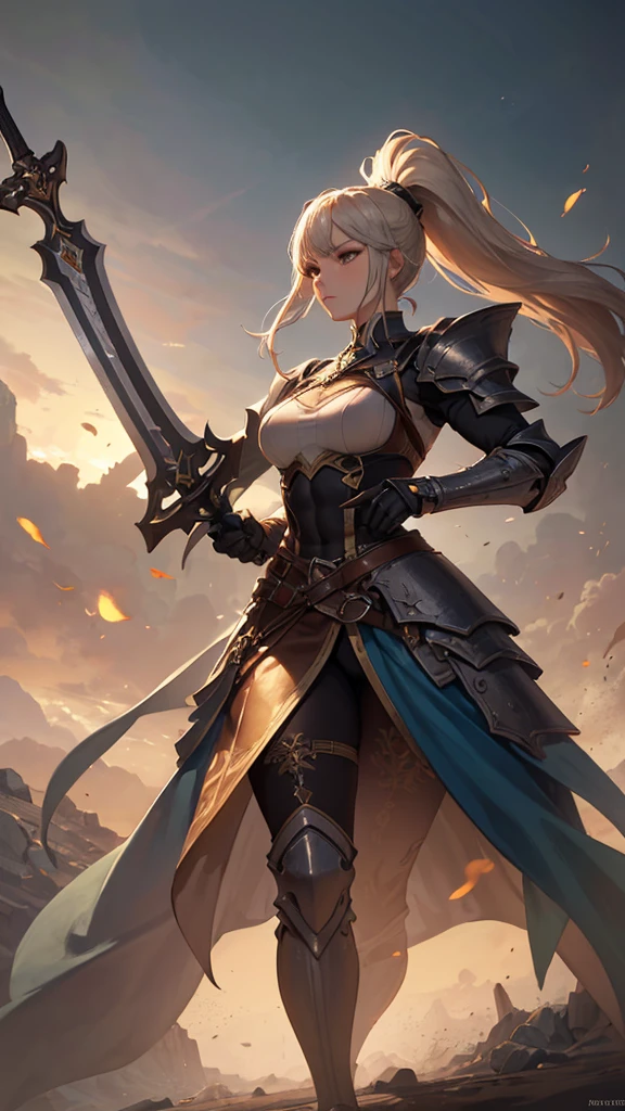 (masterpiece, 4K ,Super detailed:1.2), (anime:1), (Perfect quality), The whole body is shown, View Viewer, Holding a sword, ponytail, Muscular and ultra violent women, Powerfully々And, epic female swordsman, RPG concept art character, Armor dress