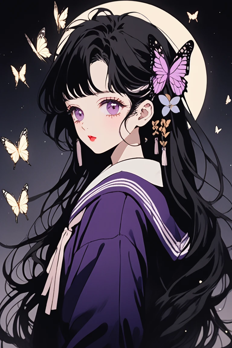 (Highest quality, sketch:1.2),Realistic,Illustrator,anime,1 Girl, Detailed lips,sweater,custom,,Neon Hair,Texture Cropping,masterpiece, Style: Retro Classic, Dark Black、Under the Moon、Black Hair、Beautiful butterfly、虹色のButterfly Hair Ornament、、Fair skin,一つ結びでSide Tail、Butterfly Hair Ornament、school uniform、beautiful girl、Real、cute、Purple Eyes、Side Tail