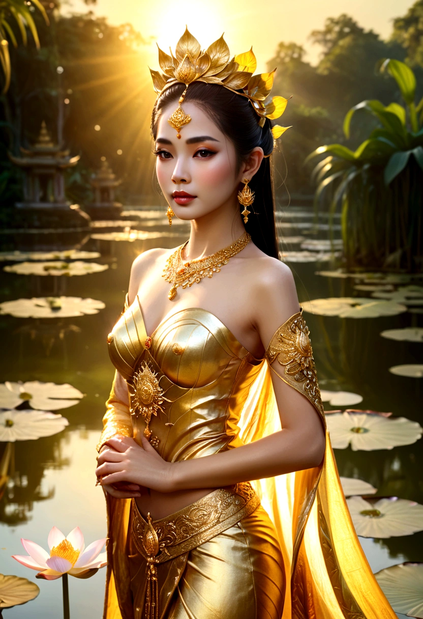وقفت امرأة ترتدي الذهب أمام البركة., إمبراطورة الخيال الجميلة, أميرة اللوتس المذهبة, ((إمبراطورة الخيال الجميلة)), الفن التايلاندي, إلهة جميلة, عمل فني رقمي جميل, كإلهة الشمس,, آلهة الشمس, صورة مذهلة لإلهة, very فن الخيال الجميل, فن الخيال الجميل, لقطة إلهة مفصلة للغاية
