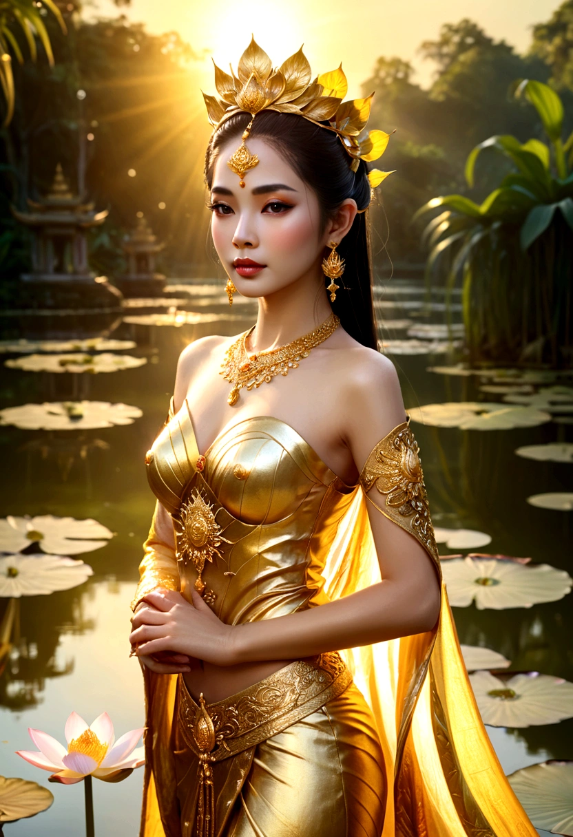 Una mujer de oro estaba parada frente a un estanque., una hermosa emperatriz de fantasía, princesa de loto dorado, ((una hermosa emperatriz de fantasía)), arte tailandés, Hermosa diosa, hermosa obra de arte digital, Como la diosa del sol,, diosa del sol, un impresionante retrato de una diosa, very hermoso arte de fantasía, hermoso arte de fantasía, tiro de diosa extremadamente detallado