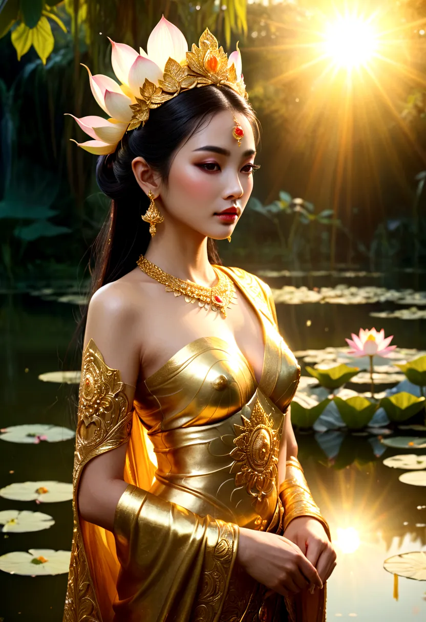 A woman in gold stood in front of a pond., a beautiful fantasy empress, gilded lotus princess, ((a beautiful fantasy empress)), ...