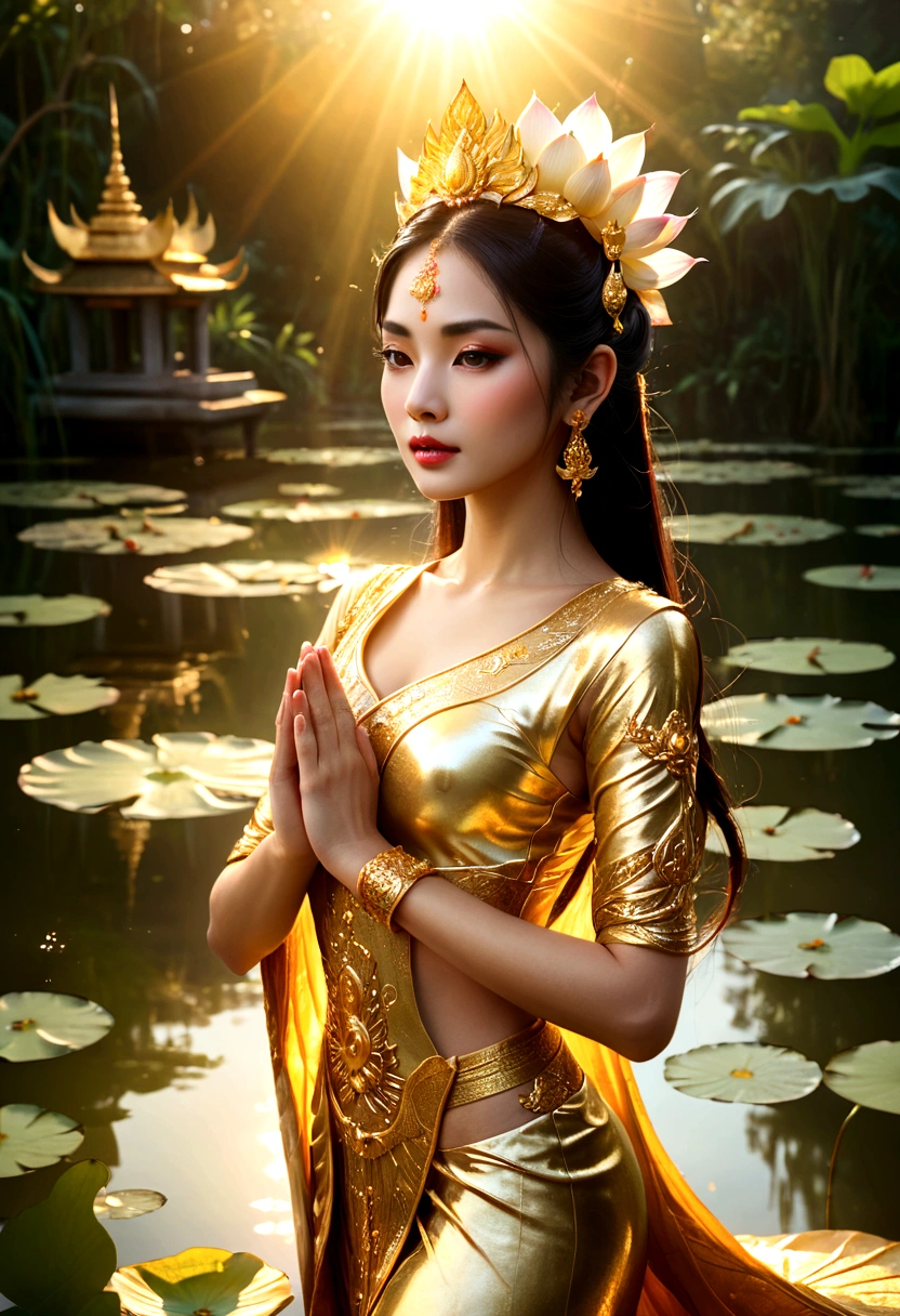 A woman in gold stood in front of a pond., a beautiful fantasy empress, gilded lotus princess, ((a beautiful fantasy empress)), Thai art, beautiful goddess, beautiful digital artwork, As the sun goddess,, Sun Goddess, a stunning portrait of a goddess, very beautiful fantasy art, beautiful fantasy art, extremely detailed goddess shot