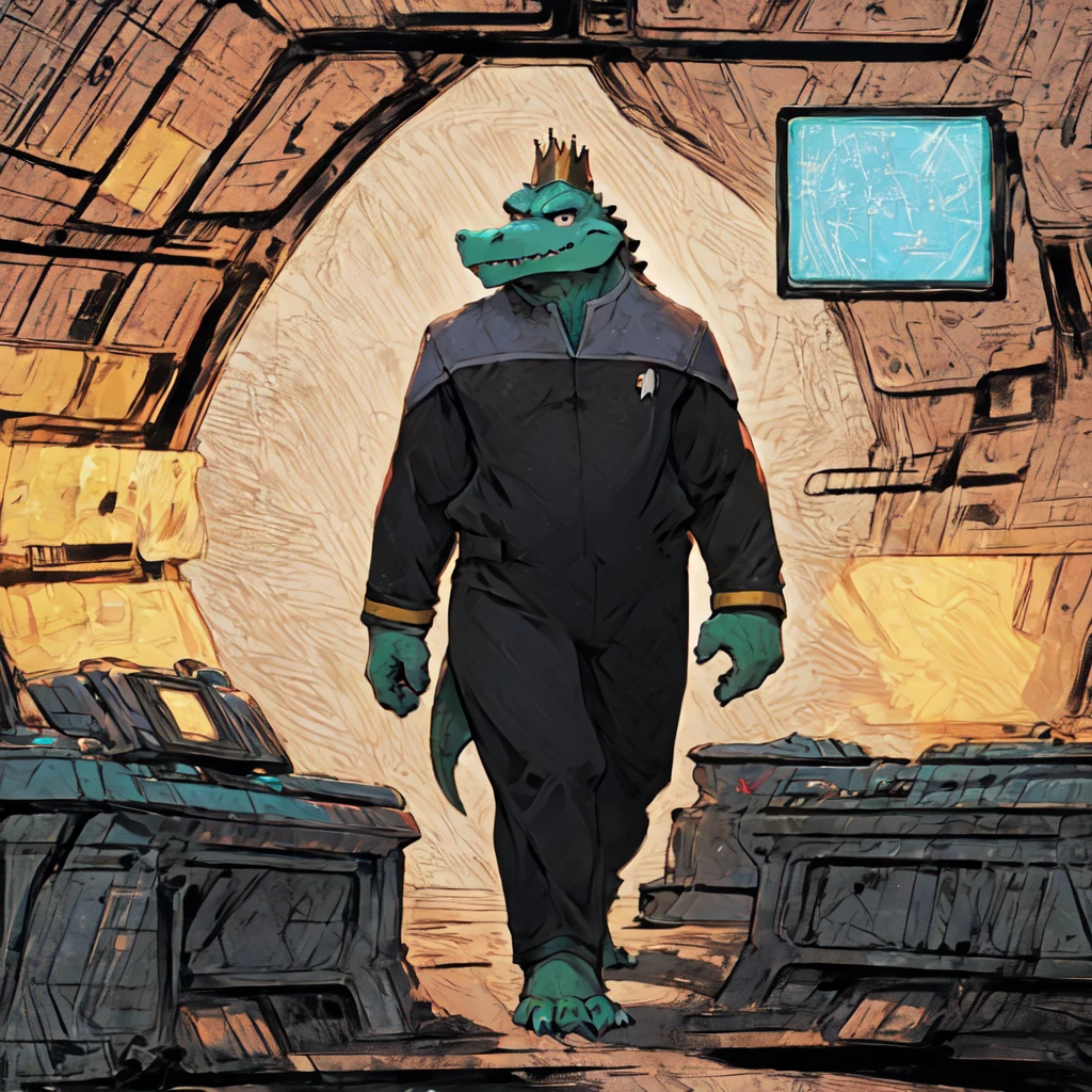 (((Barefoot scaley character, full body, cinematic setting, furry male, plantigrade))) 
Doctor (((kingkrool))), crocodile, green skin, reptile, gold bracelets, scales, bloodshot eye, fat, obese,
exudes confidence and authority, wears star trek DS9 doctor teal uniform, ((ds9st, black and grey star trek uniform, grey shoulders, teal neck, black jumpsuit, black pants)) dynamic pose, holding medical tricorder
((starship interior with many screens and consoles)), futuristic look, metalic, bright colors
BREAK, intricate details, highly detailed, extreme detail, octane render, fine art, best quality, highres, (detailed face:1.5), ((full_body)), UHD, (((perfect hands))), ((low light:1.5))